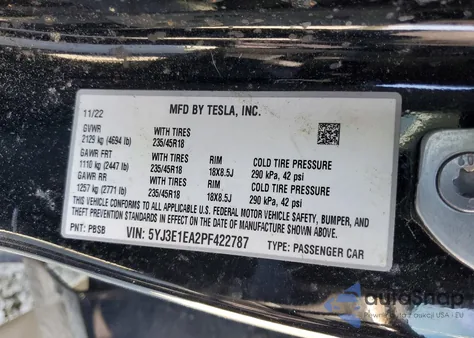 2023 Tesla Model 3 из США, поврежденный, VIN 5YJ3E1EA2PF422787